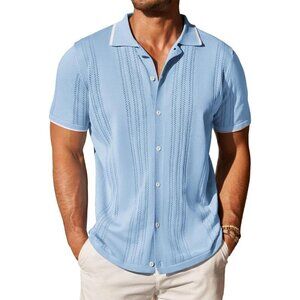❤️Men's Blue Button Down  Shirt Vintage Short Sleeve Shirts Casual Beach Tops